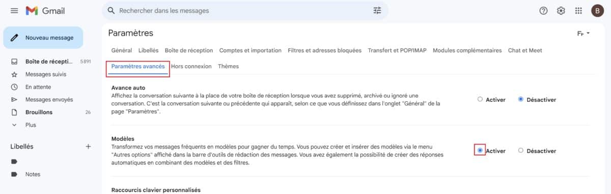 Activer modèle Gmail