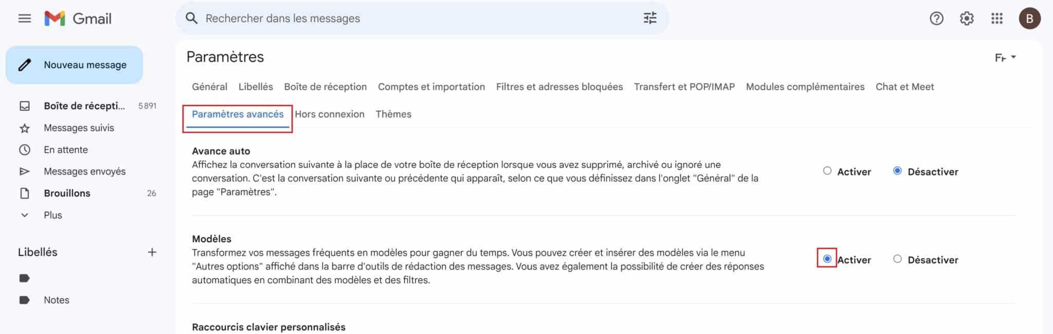 Activer modèle Gmail