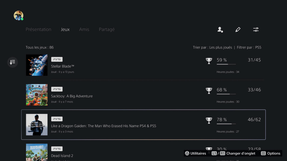 PS5 temps de jeu liste