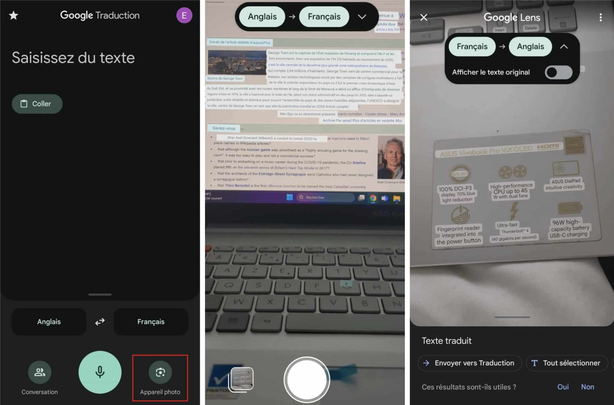Traduire avec l'appareil photo Google Traduction