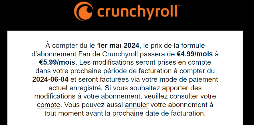 crunchyroll mail prix abonnement