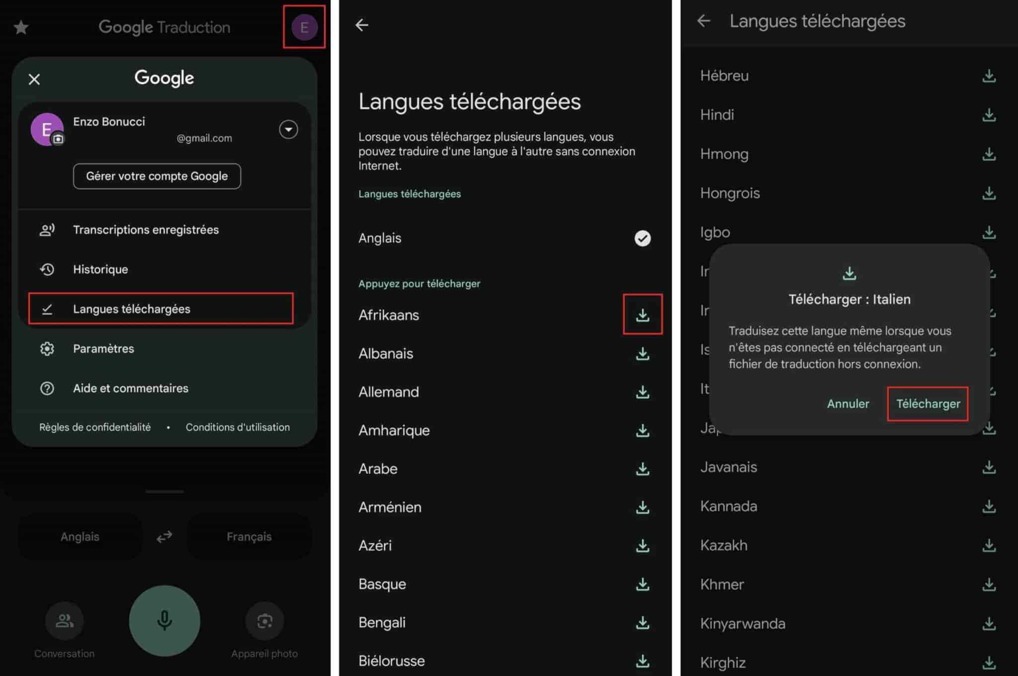 Langues téléchargées Google Traduction