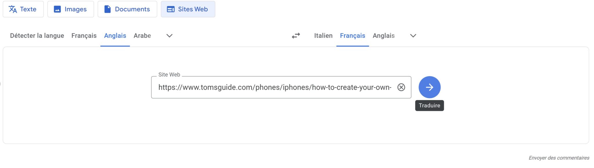 Traduire un site web via l'onglet Sites web sur Google Traduction
