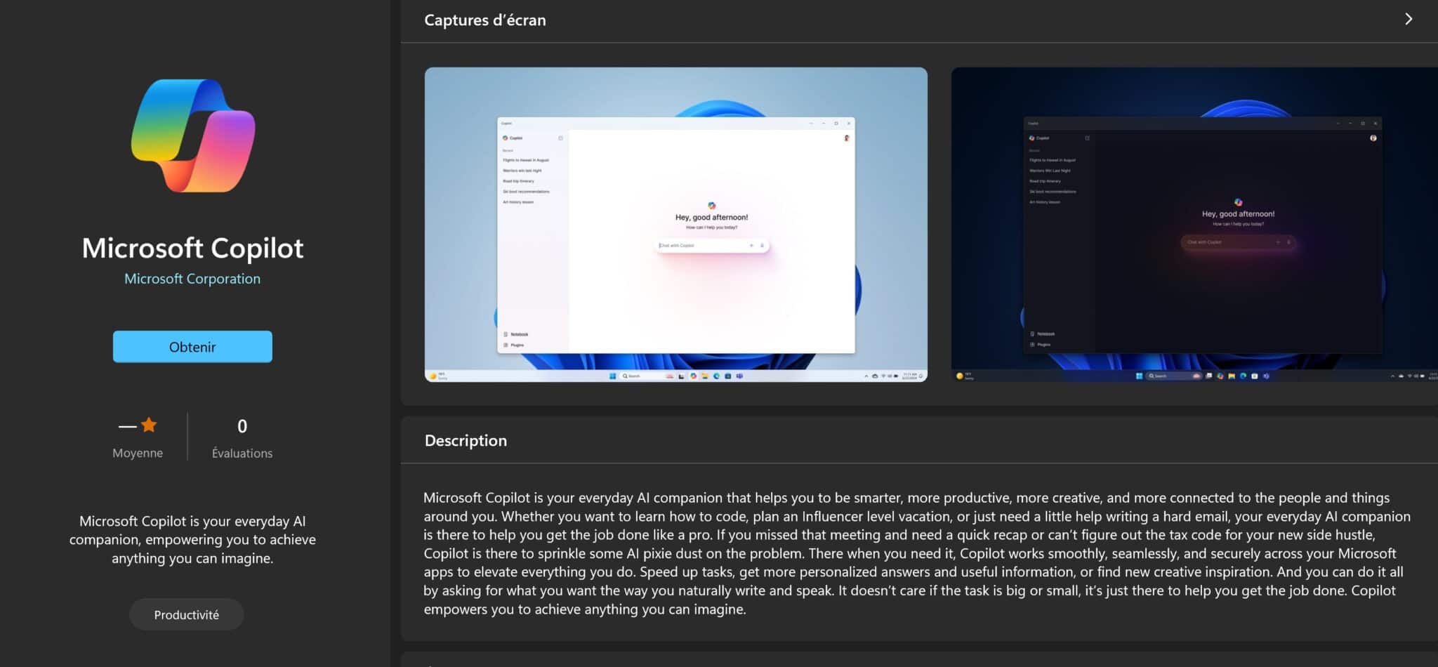 Microsoft Copilot appli Windows