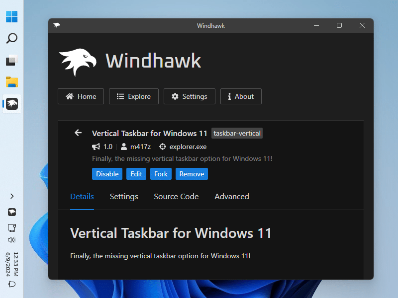 windows 11 barre des tâches mod module application windhawk Vertical Taskbar for Windows 11