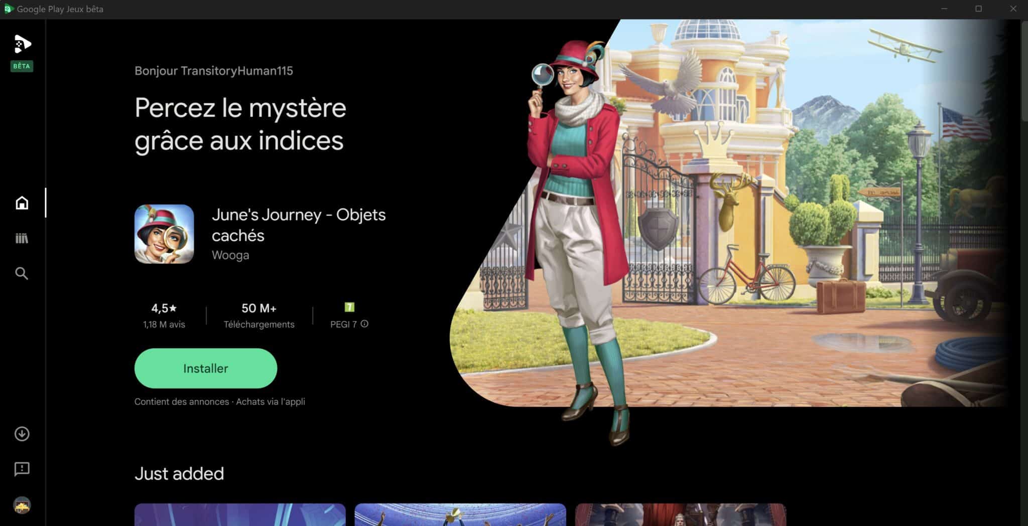 Interface Google Play Jeux bêta