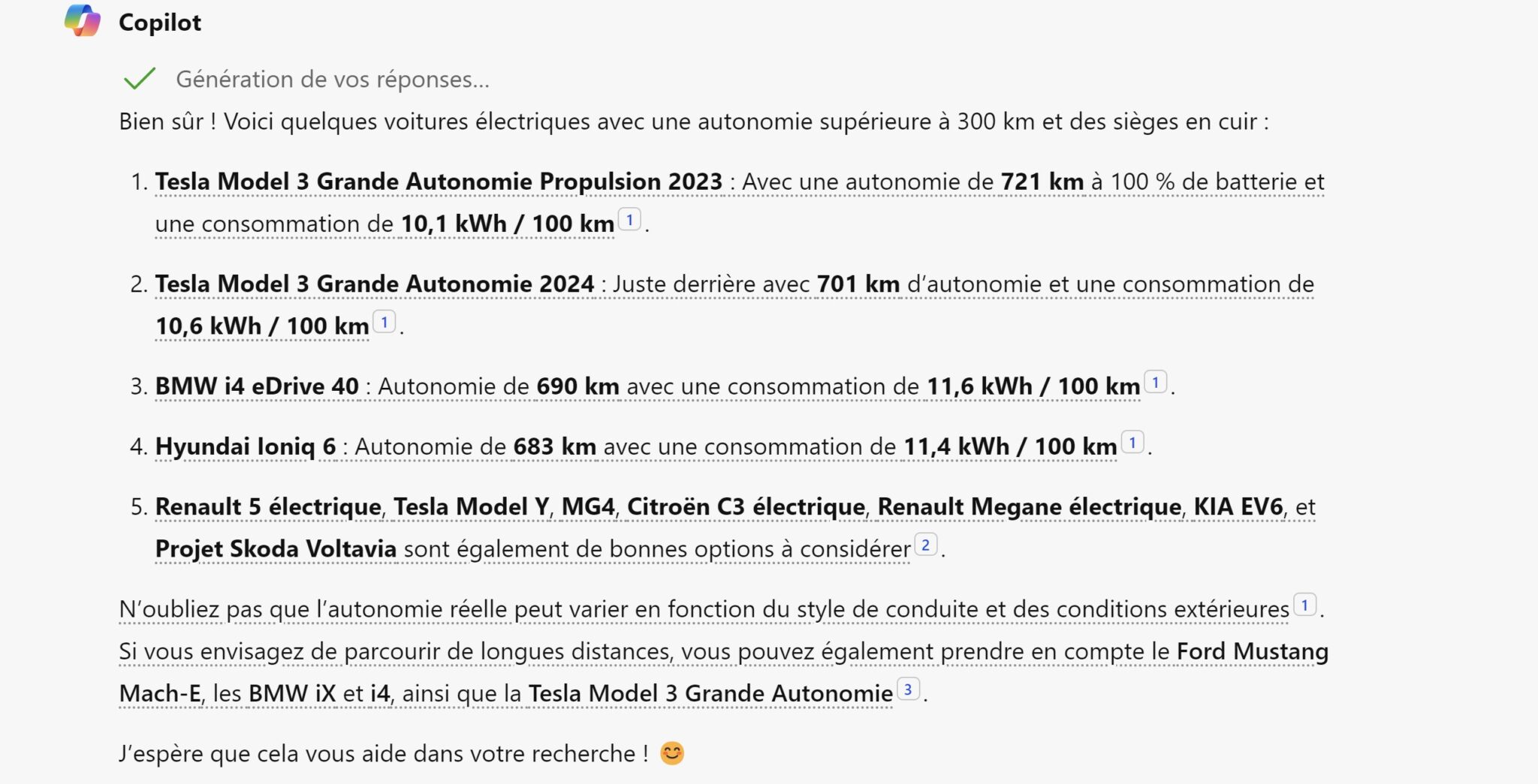 Requête Copilot voitures électriques 