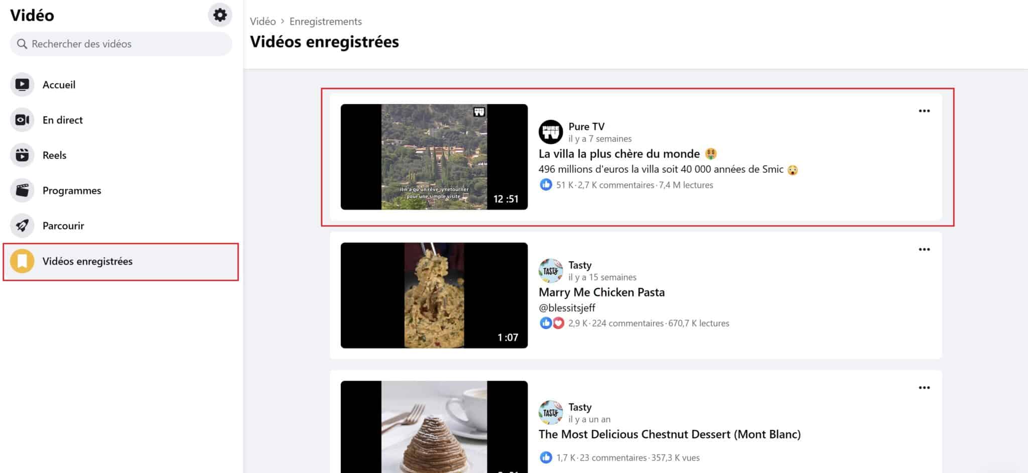 Vidéos enregistrées Facebook