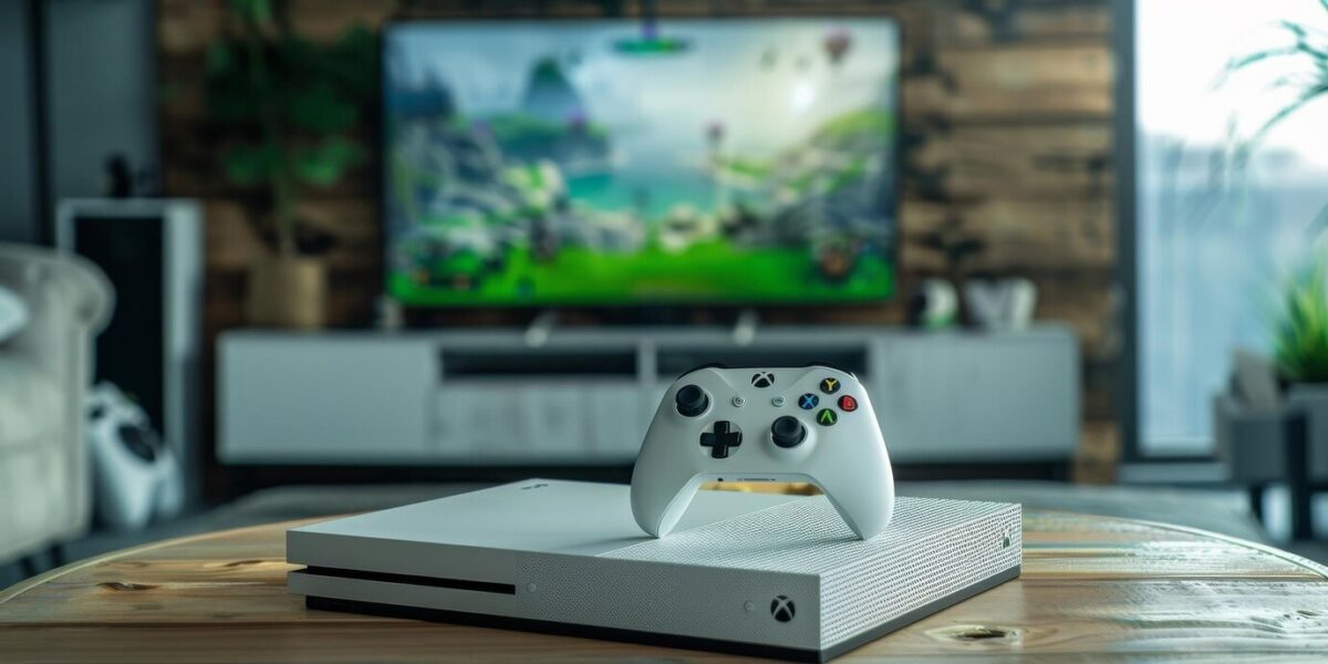 Une manette de jeu posée devant une Smart TV