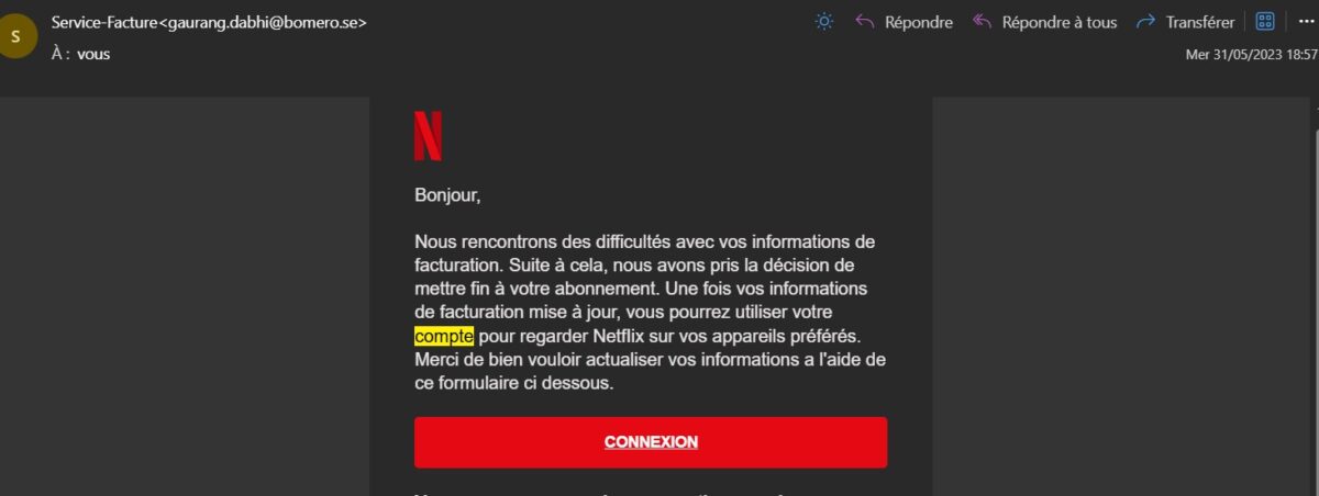 netflix phishing arnaque hameçonnage mail 