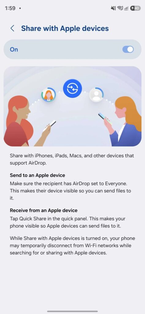 L'option « Share with Apple devices » dans les réglages Quick Share du Galaxy S26 Ultra, une fois la mise à jour installée. Crédit : Asif Iqbal Shaik / SamMobile