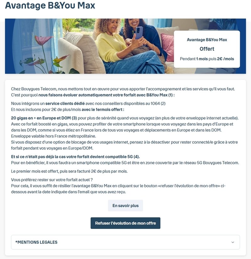 La page d'information B&You Max telle qu'elle apparaît dans l'espace client : offert un mois, puis 2 euros de plus chaque mois.