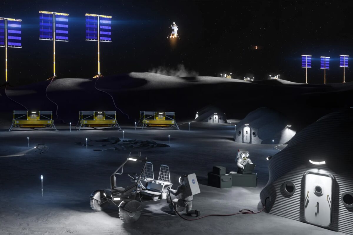 Vue d'artiste de la future base lunaire américaine au pôle Sud de la Lune : rovers, habitats, panneaux solaires et atterrisseur en approche. La NASA prévoit d'y déployer ses premiers équipements dès l'automne 2026. © NASA