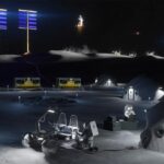 Vue d'artiste de la future base lunaire américaine au pôle Sud de la Lune : rovers, habitats, panneaux solaires et atterrisseur en approche. La NASA prévoit d'y déployer ses premiers équipements dès l'automne 2026. © NASA