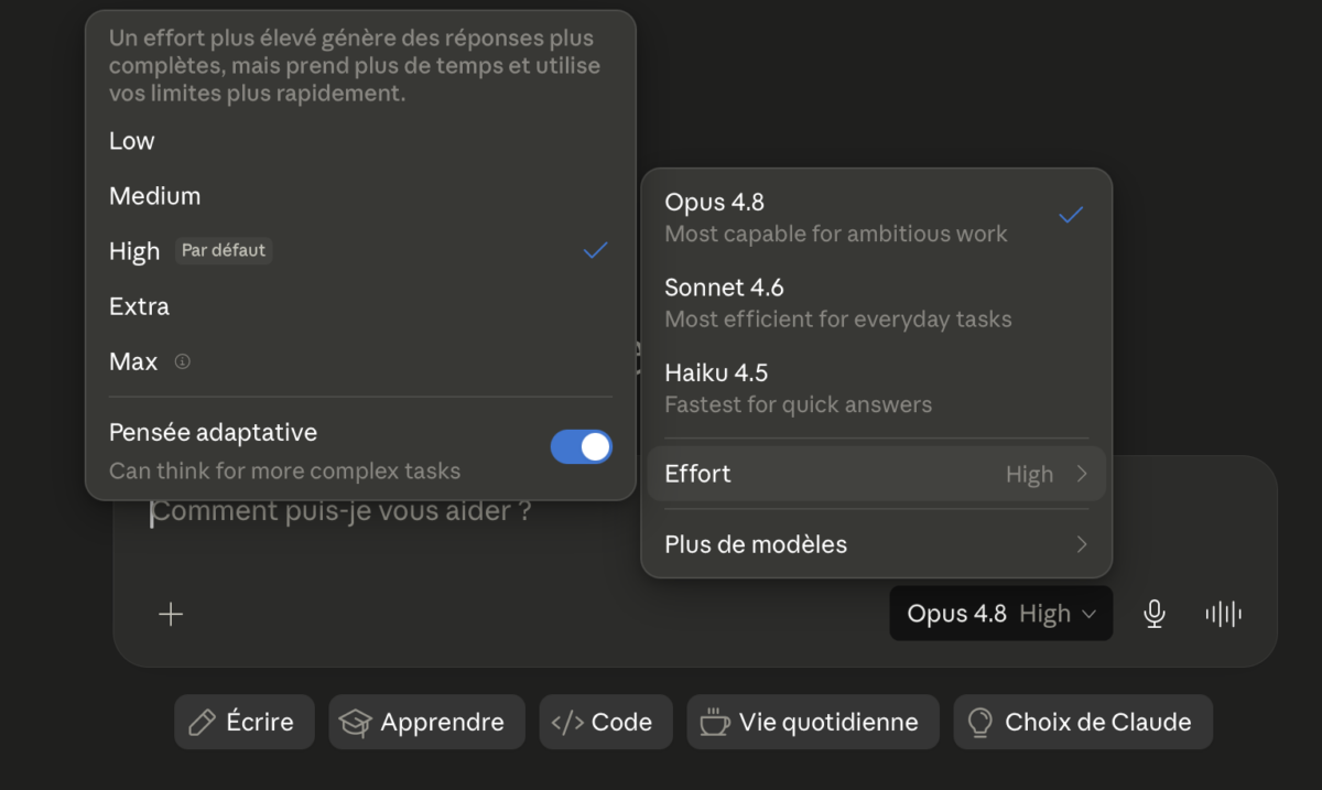 Le nouveau contrôle d'effort dans l'interface de Claude, accessible à côté du sélecteur de modèle. Cinq niveaux sont disponibles, de « Low » à « Max ». Plus l'effort est élevé, plus les réponses sont fouillées, mais plus le quota est consommé rapidement. © Anthropic / Capture d'écran claude.ai