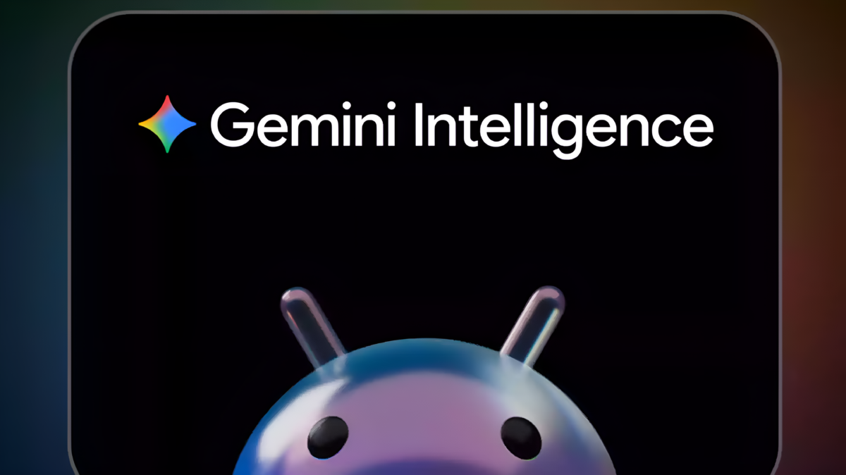 Le logo Gemini Intelligence surplombe la mascotte Android, symbole de l'IA désormais enracinée au coeur du système d'exploitation de Google. (Crédit : Google)