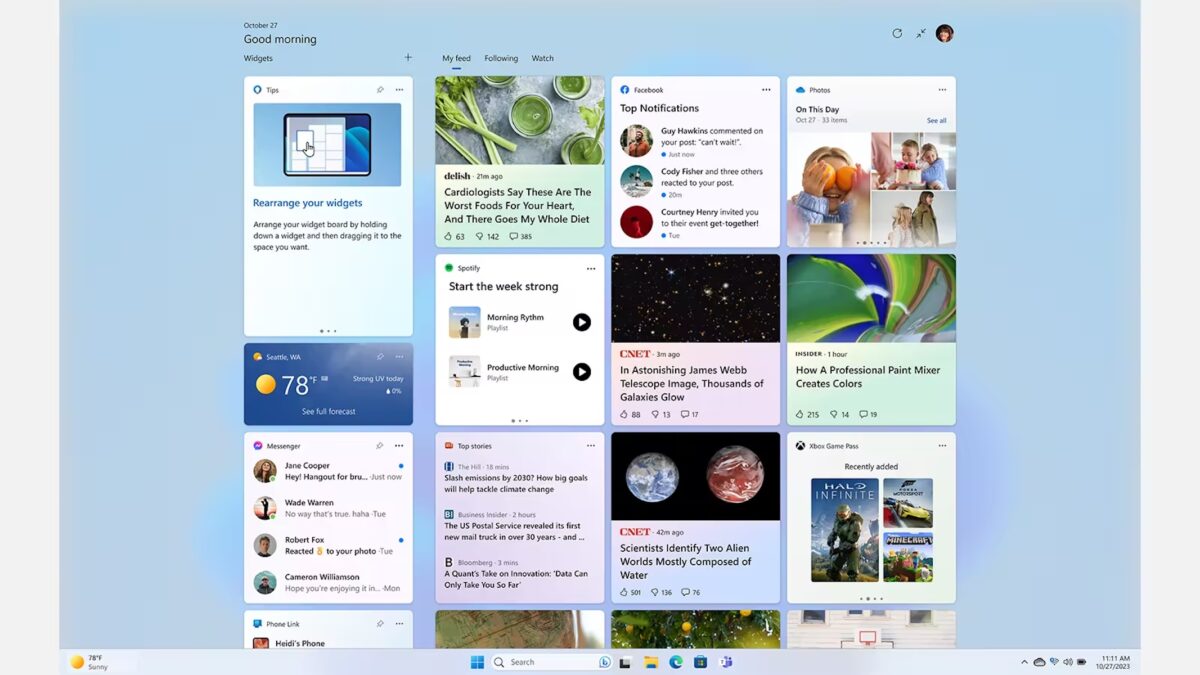 Le panneau de widgets en plein écran sous Windows 11 : météo, Spotify, Messenger, Xbox Game Pass, notifications Facebook, flux d'actualités et photos se disputent l'espace dans une mosaïque dense.