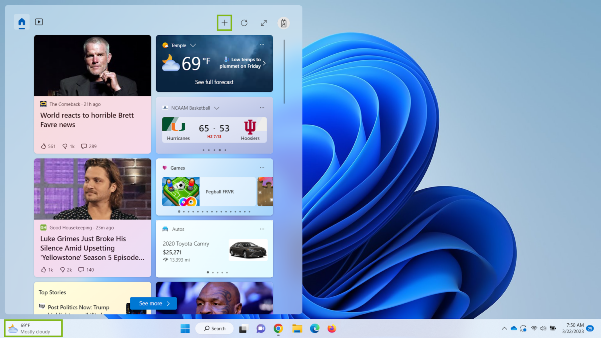 Le panneau de widgets de Windows 11 dans sa version actuelle : flux MSN, publicités pour jeux et annonces automobiles côtoient la météo et les scores sportifs. © Microsoft