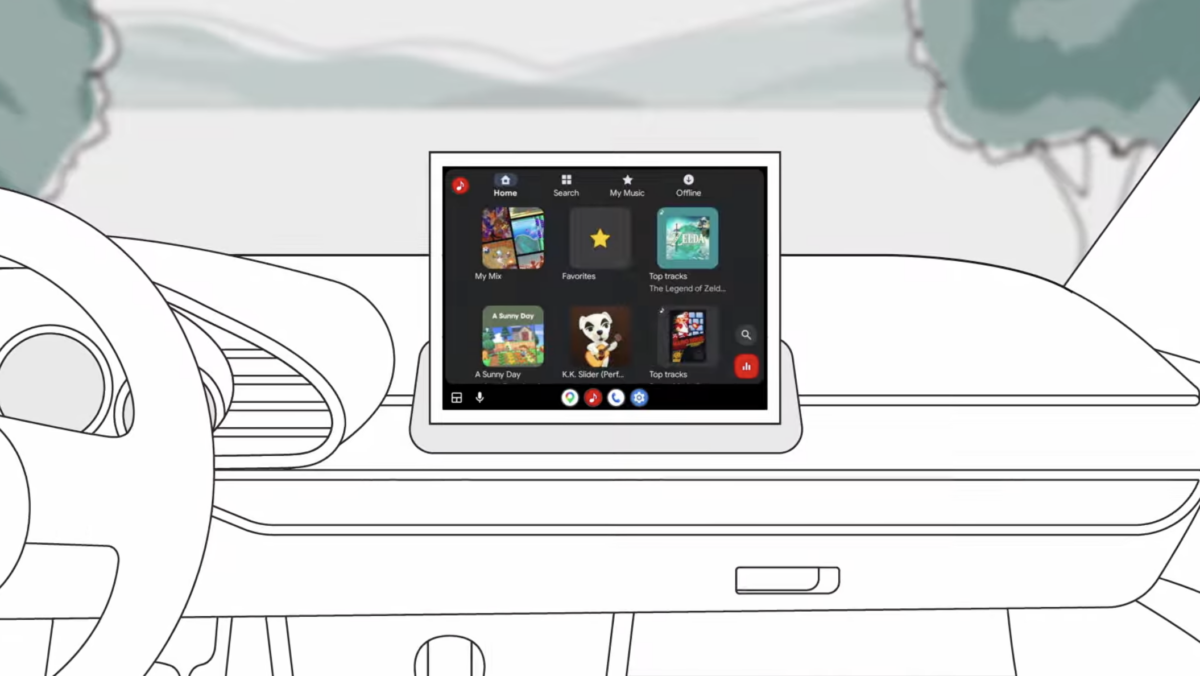 L'interface de Nintendo Music sur un système embarqué automobile, avec accès aux playlists, favoris et morceaux phares de Zelda ou Animal Crossing. Capture d'écran : Nintendo