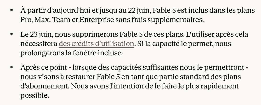 Le calendrier de disponibilité de Claude Fable 5 sur les abonnements, tel que communiqué par Anthropic le 9 juin 2026. Le modèle sera retiré des forfaits le 23 juin et nécessitera des crédits d'utilisation. © Anthropic