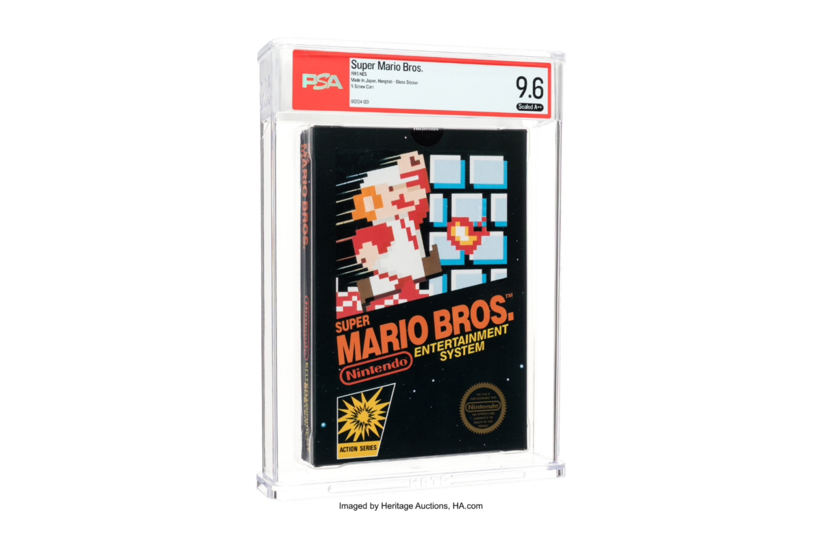 La cartouche Super Mario Bros. « second production » et son autocollant glacé intact, notée PSA 9.6 A++. Crédit : Heritage Auctions