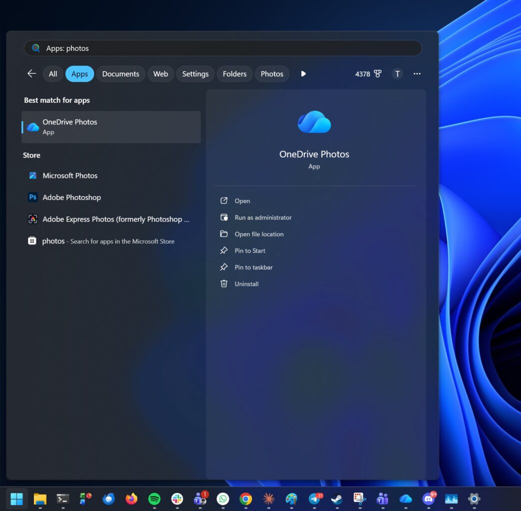L'application OneDrive Photos apparaît dans la recherche Windows sans avoir été installée manuellement. © Windows Latest