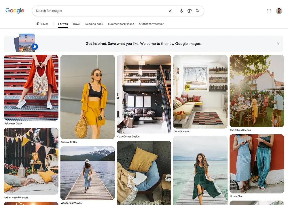 La nouvelle interface de Google Images sur ordinateur, avec sa galerie personnalisée et ses collections accessibles en onglets. (Source : Google)