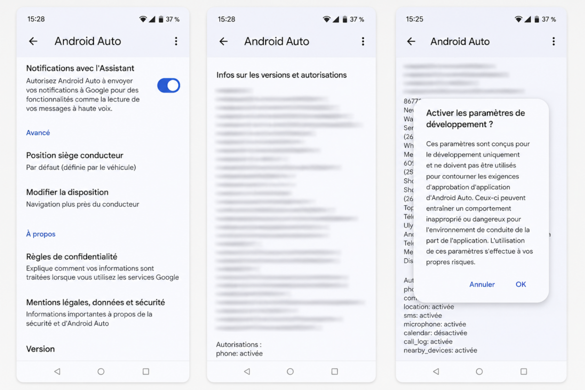 Les trois étapes pour débloquer le menu développeur d'Android Auto : ouvrir les paramètres (à gauche), tapoter dix fois sur « Version » (au centre), puis valider l'activation (à droite). La manipulation prend moins de trente secondes. © Google