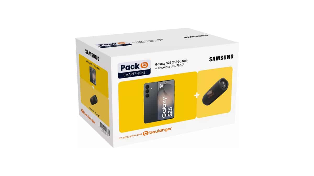 Image 1 : Bon plan smartphone : le pack Samsung Galaxy S26 + enceinte JBL Flip 7 profite de 350 € de remise chez Boulanger !