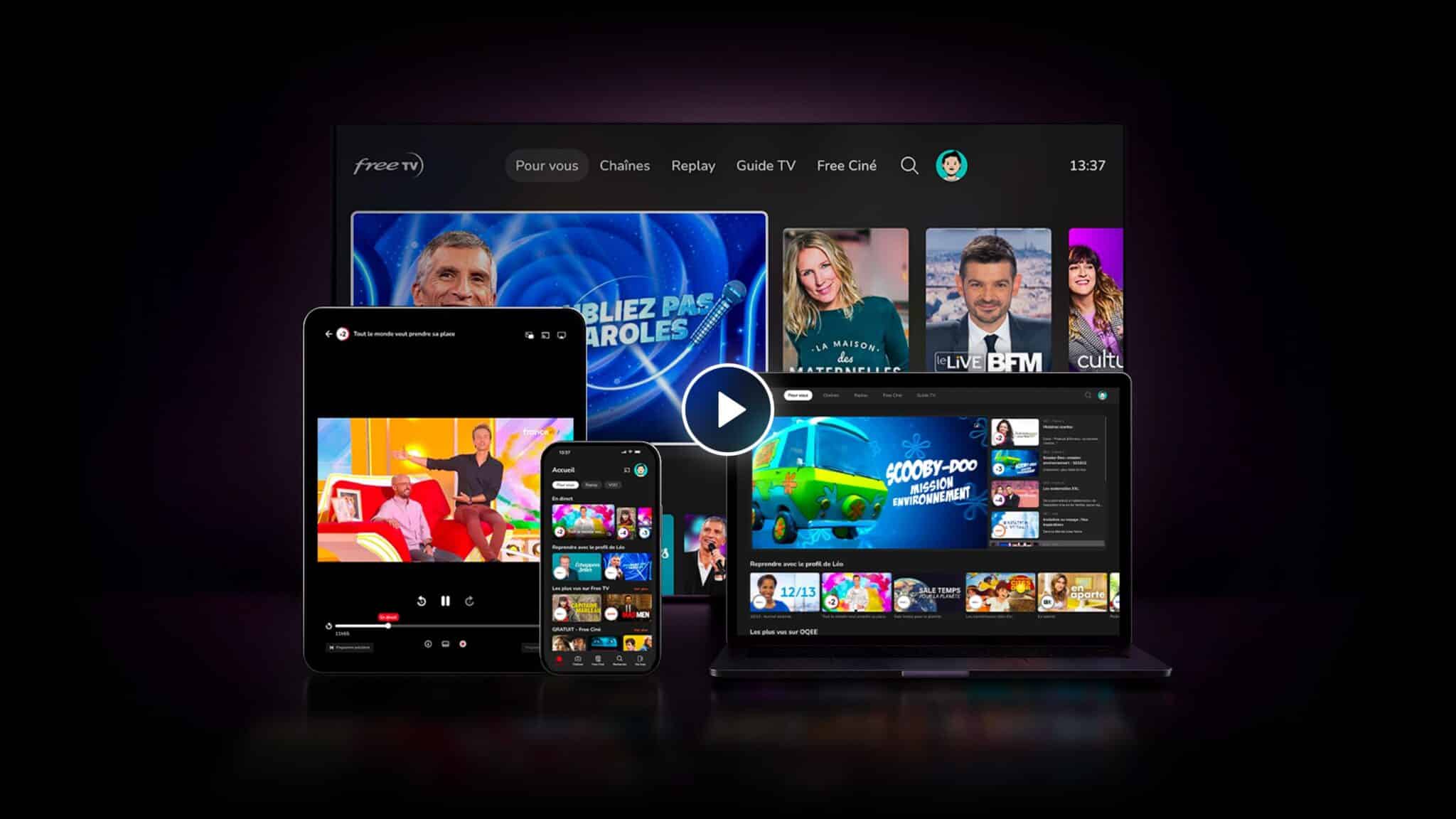 Free TV sur téléviseur, tablette, smartphone et ordinateur portable, avec l'interface OQEE. © Free