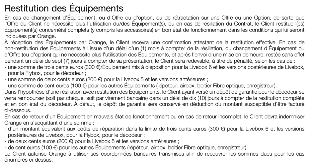 Extrait des conditions générales de vente d'Orange, qui détaillent noir sur blanc le barème des pénalités en cas d'équipement non restitué.