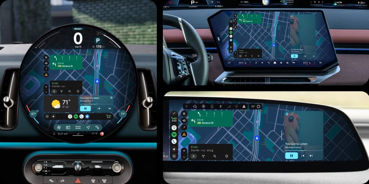 La future interface d’Android Auto s’adapte aux écrans ronds comme aux dalles panoramiques, widgets compris. © Google