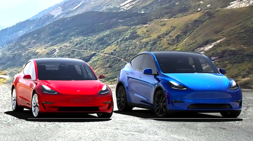 Les Tesla Model 3 (en rouge) et Model Y (en bleu) sont les plus abordables de la gamme de véhicules électriques Tesla.